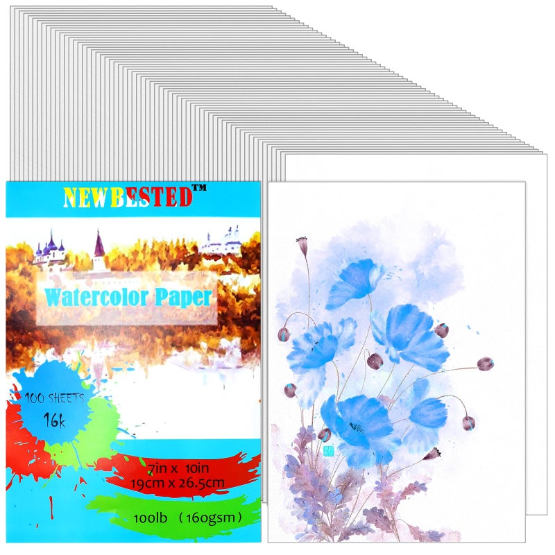 Newbested 100Sheets Newbested White Watercolor Paper Cold Press Cut Bulk Pack for Beginning Artists or Students. (10 x 7 Inch) - Image 1